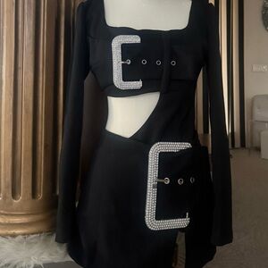 Black Mini Skirt with Rhinestone Buckle+ Bodysuit